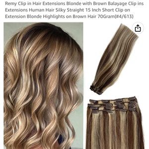 Remy 15 inch clip-in hair extensions. Brown hair mixed with blonde highlights.